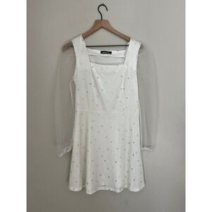 Allegra K White Velvet Star Print Square Neck Mesh Sleeve Dress Women's M